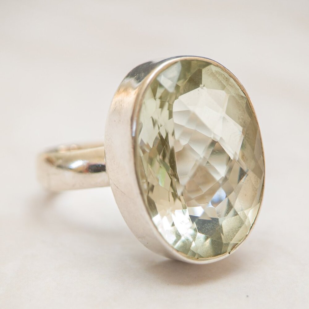 Sterling Prasiolite Oval Bezel Ring — Size 9 (oversize 20 ct)